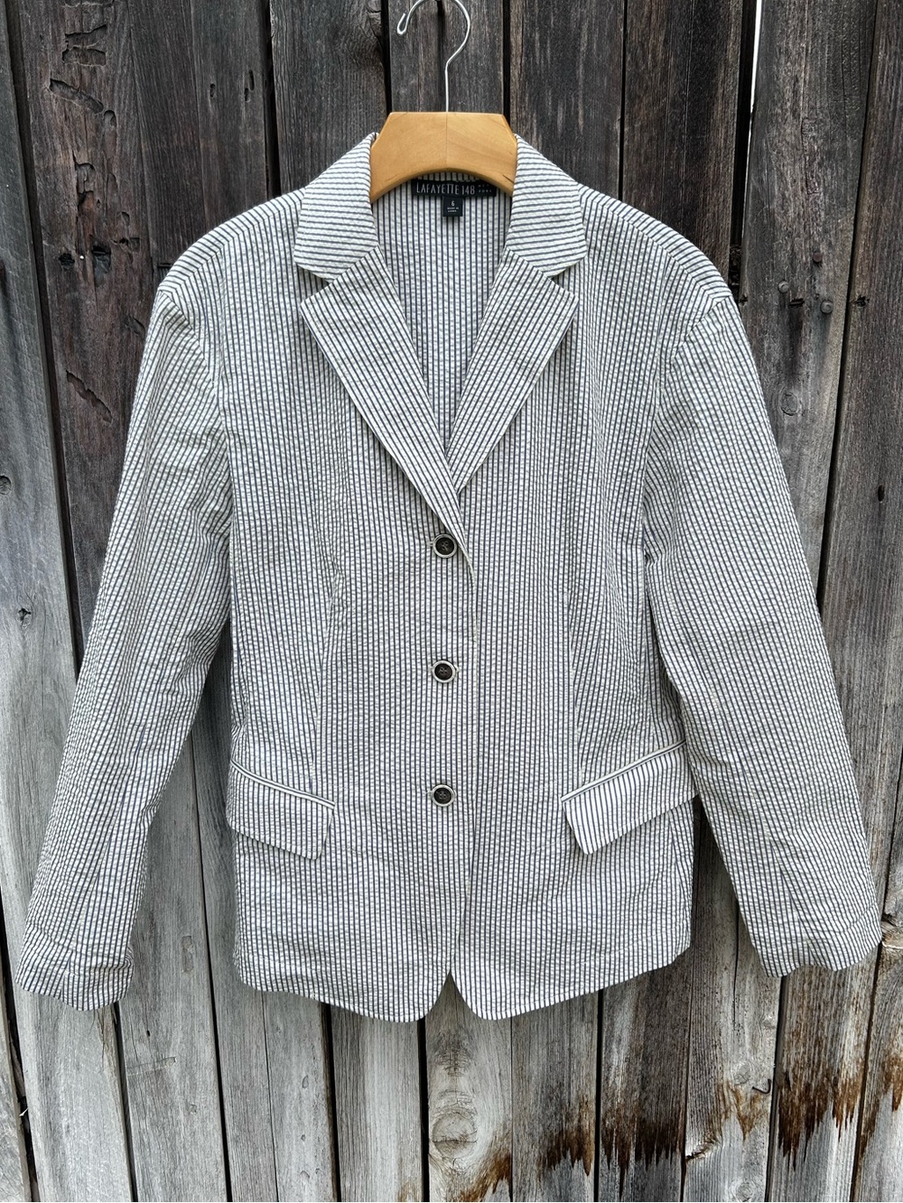Lafayette 148 New York Stripe Seersucker Jacket Blazer Cotton Blue White 6